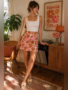 LOFT Floral Mini Skirt Size 0 Pink Orange Cottagecore Spring Summer